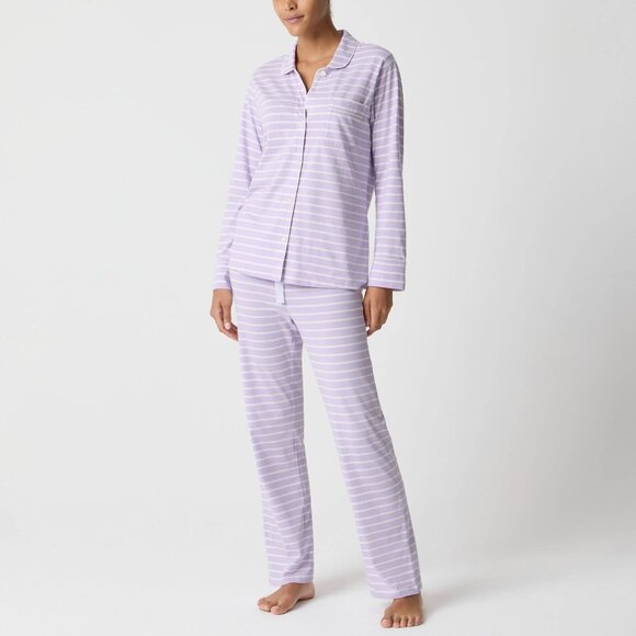 J.CREW Pajama Set Knit Long Sleeve Button Front Small Petite Lilac Ivory NEW! - Picture 1 of 15
